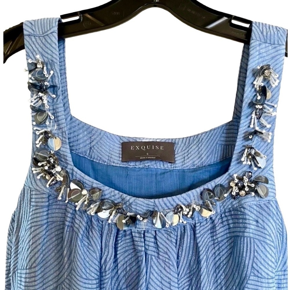 Exquise Anthropologie Blue Beaded Square Neck Tiered Maxi Dress Small - Picture 7 of 8